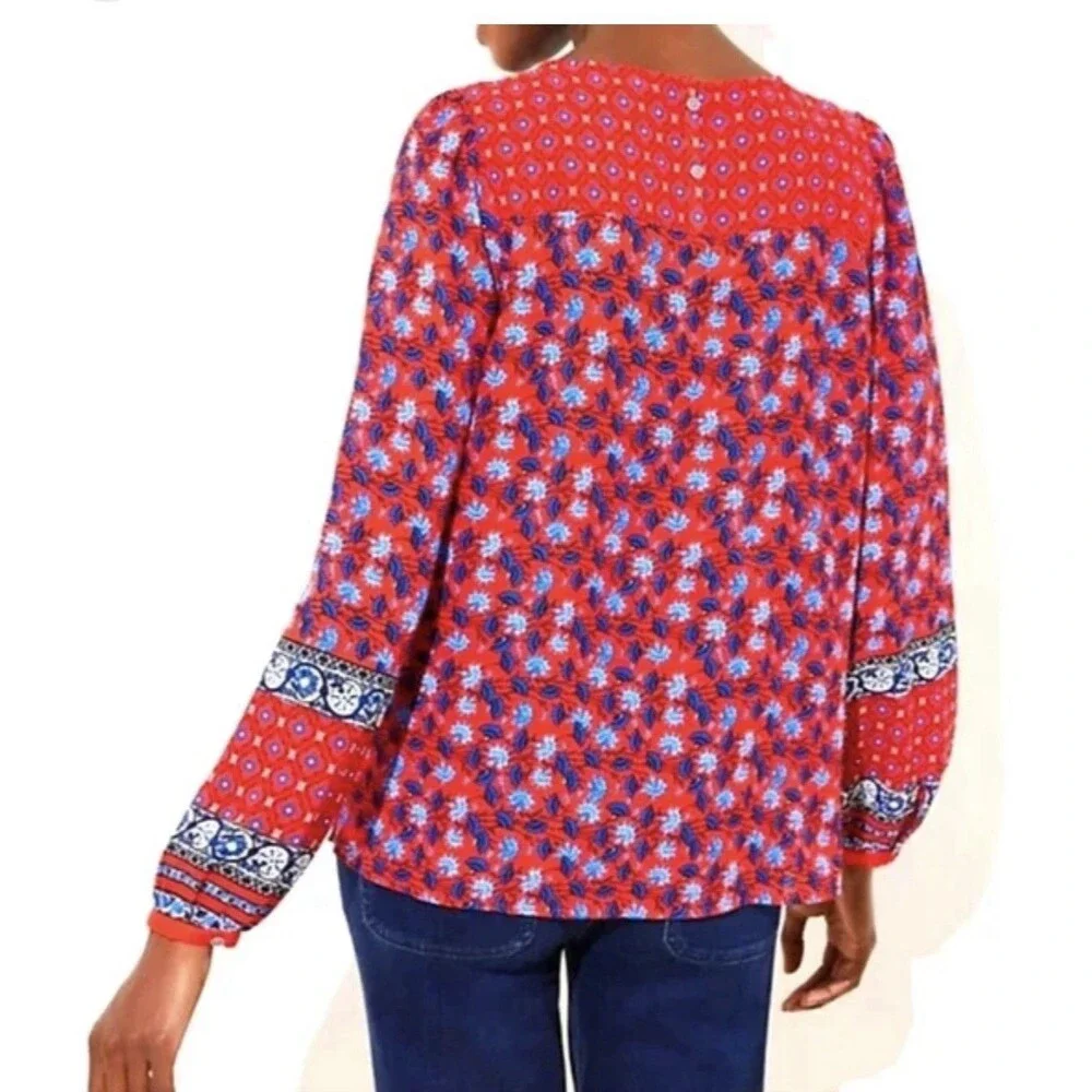LOFT Plus Red Blue Floral Print Career Blouse Red Women Size XL Long Sleeve